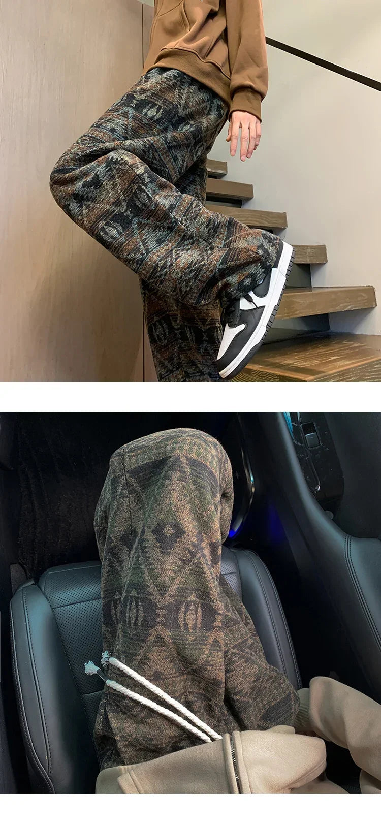 Wide leg pants Men's Vintage Geometric Knitted jacquard pants Casual Straight  Pants Ethnic Tribal Style Winter Trousers man