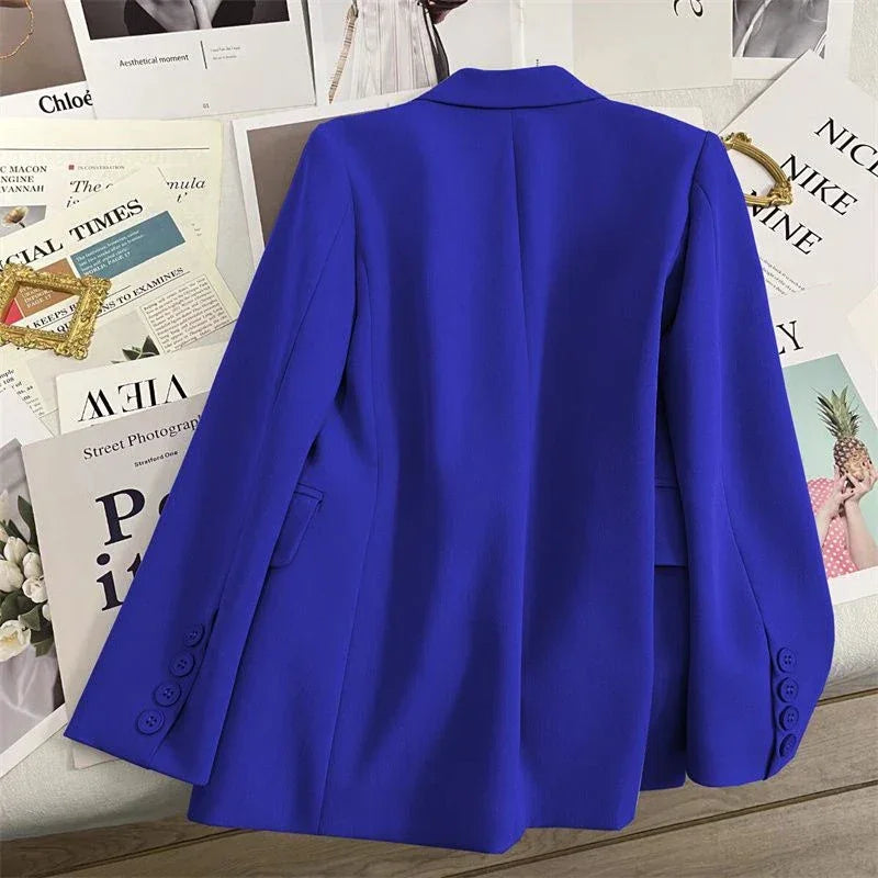 Women's Blazer Double Breasted Office Wear Suit Coats 2025 Fashion Jackets Long Sleeve Flap Pockets Chic Female Outerwear