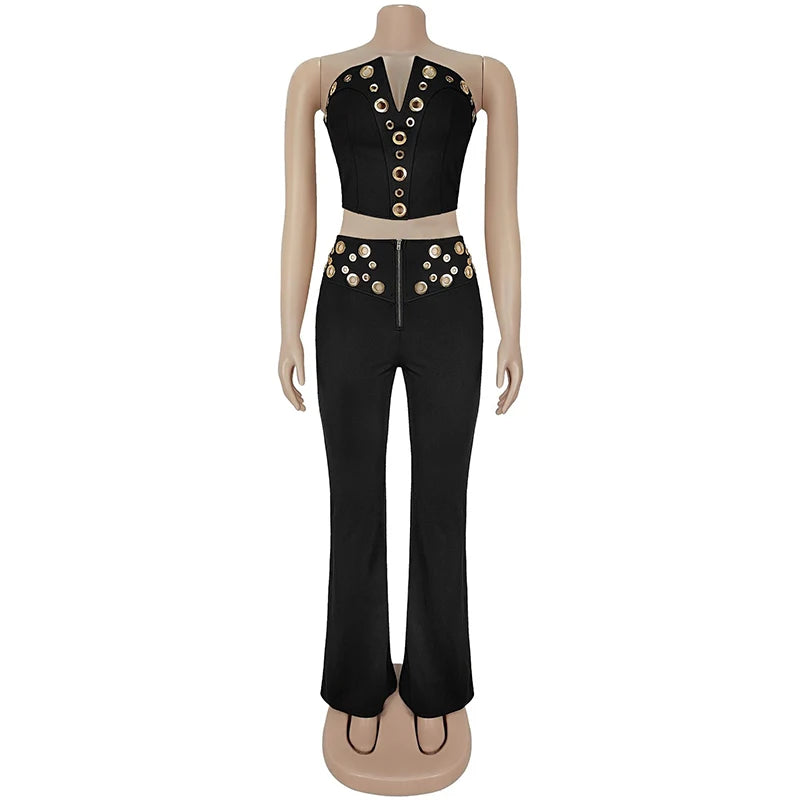 Kricesseen Women's Eyelet Pants Set 2 Piece Outfits Summer Runway Sequins Crop Top And Wide Legs Pants Set Workout Overalls