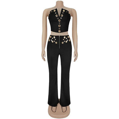 Kricesseen Women's Eyelet Pants Set 2 Piece Outfits Summer Runway Sequins Crop Top And Wide Legs Pants Set Workout Overalls