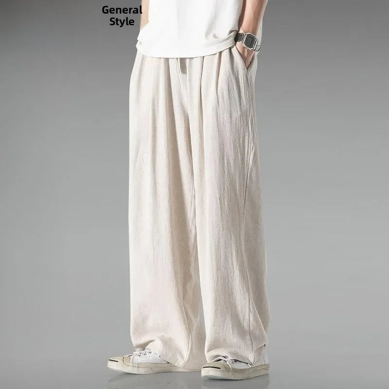 Summer Large Size Linen Cotton Wide Leg Pants Men Casual Comfortable Loose Fit Straight Leg Trousers Long Pants