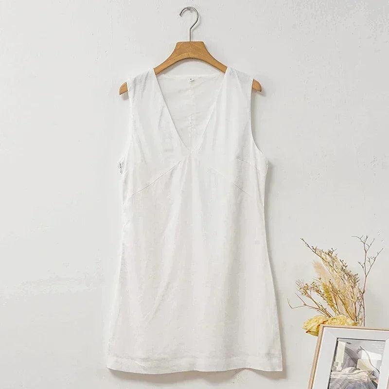 Women’s casual linen sleeveless dress v-neck chic elegant cotton-linen blend summer fashion sexy new arrival vestidos
