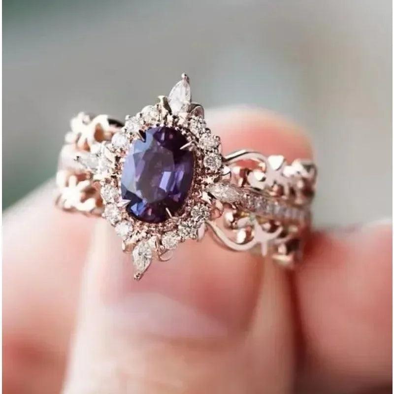 Luxury women rings rose gold color round purple stone party accessories gift