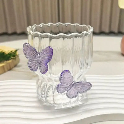 400ML Glass Cup with Lid and Straw, Butterfly Design Round Glass Drinkware, Multipurpose for Coffee, Milk, Cold Drinks, Juice