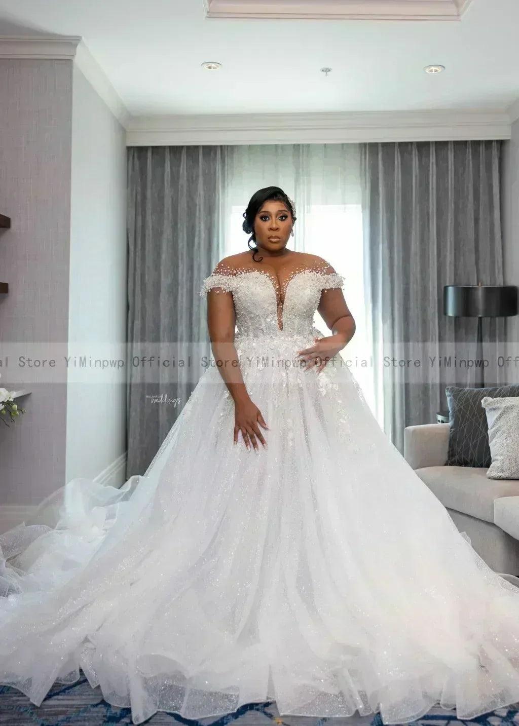 Wedding dresses for bride sheer neck lace up back sequins pearls plus size only