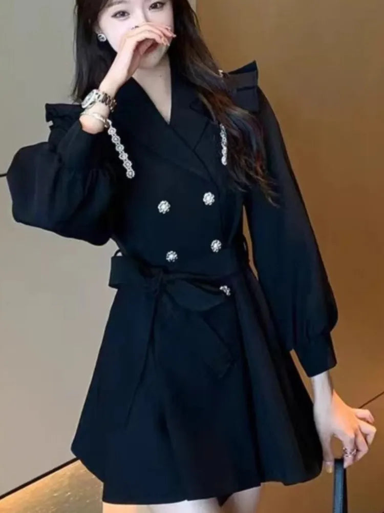 Autumn Elegant Blazer Dress for Women Female Double Breasted Solid A-line Evening Dresses Long Sleeve Female Casual Clothes 2024