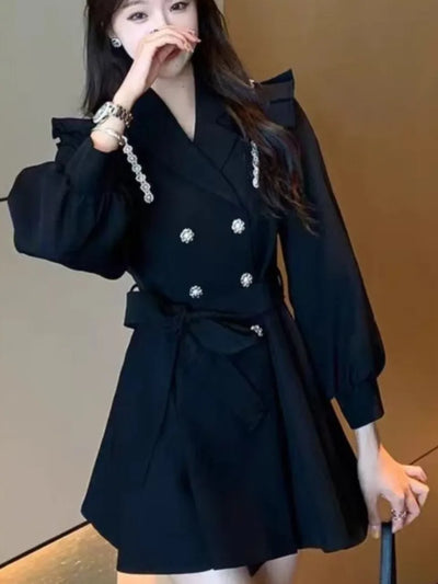 Autumn Elegant Blazer Dress for Women Female Double Breasted Solid A-line Evening Dresses Long Sleeve Female Casual Clothes 2024