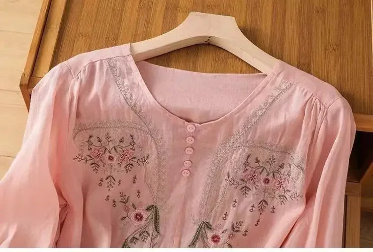 Linen V-neck EmbroideryTop For Women