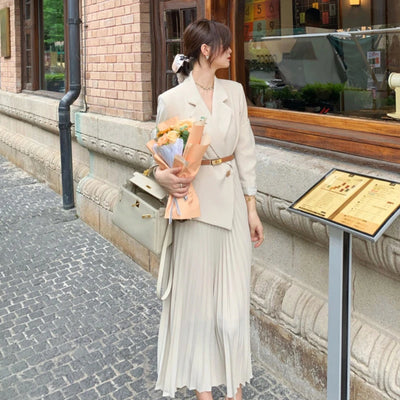 Women Blazer Dress 2024 Autumn New Korean Fashion Suit Spliced Pleated Long Dress Elegant Women Stylish Outfit OL Vintage Dress