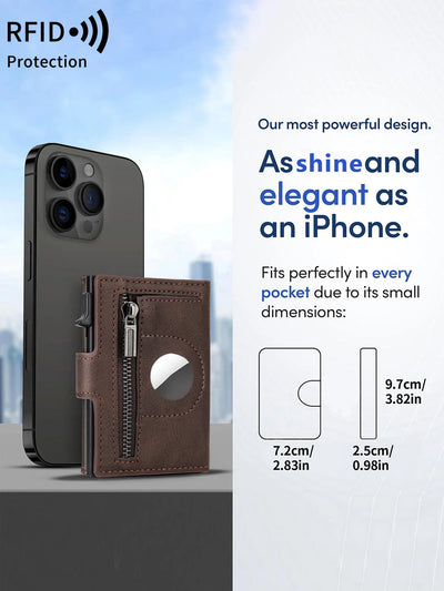 Brown RFID-protected leather wallet with zipper, card slots, and AirTag holder