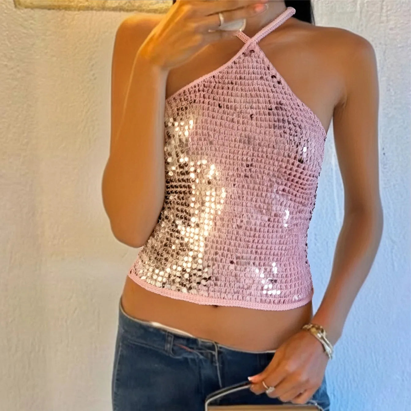 Sequin Embellished Crochet Crop Tops For Women