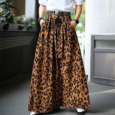 Men Wide Leg Pants Leopard Printing Drawstring Joggers Casual Trousers Men Streetwear 2025 Oversize Pleated Long Pants INCERUN