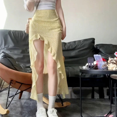Ruffled Floral Skirt for Women Summer Mid Long High Waist Skirt Red Irregular Sexy Split Skirt Fashion Beachwear Y2k Clothing