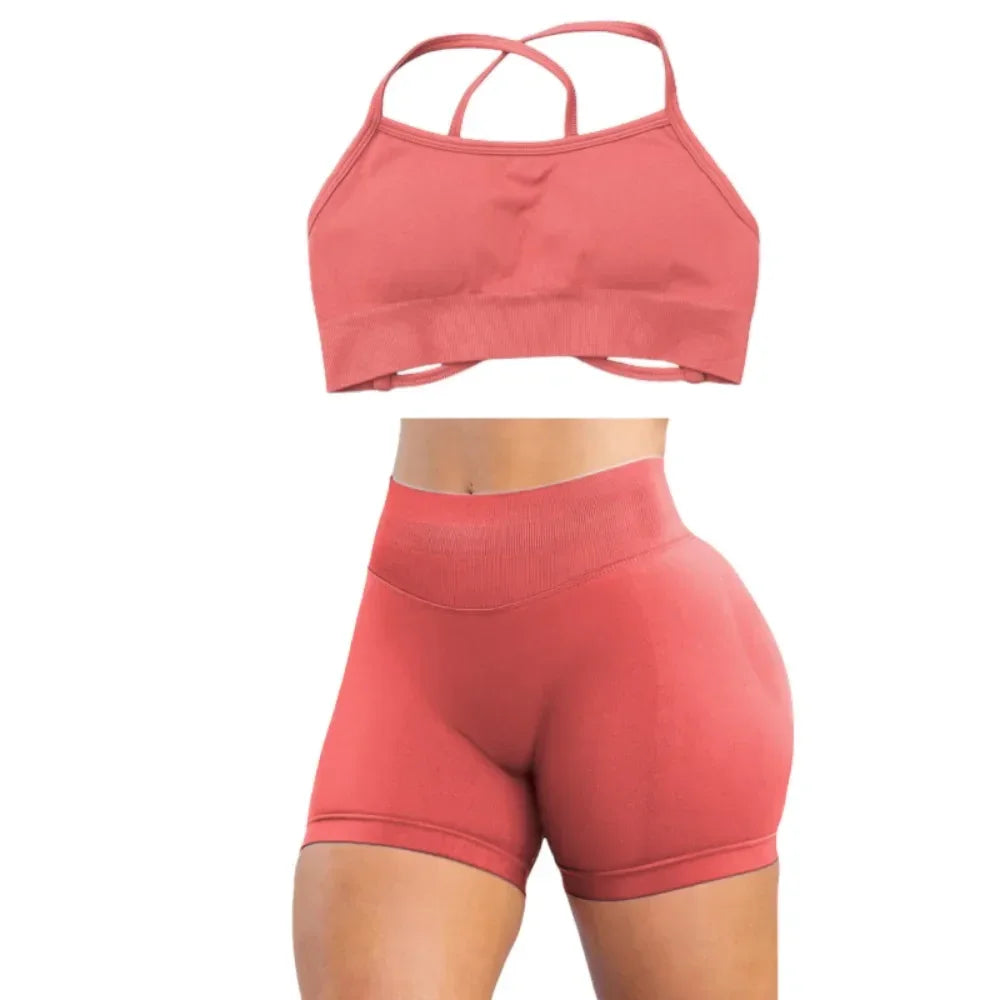 2025 Yoga High Quality Set Solid Color Women's Sports Hip Lift Shorts Cross Bra Shockproof Backrest Sling 2-piece Set Summer