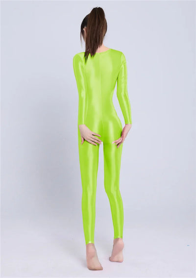 Women's Sexy Yoga Shaper Jumpsuit Dance SM Wear Oil Glossy High Elastic Long Sleeves Bodysuit Sheer Slip Satin Slimming Tights