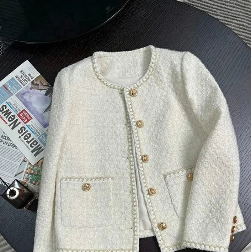 Women Vintage Jacket Autumn Winter Coat Off White Crop French Tweed