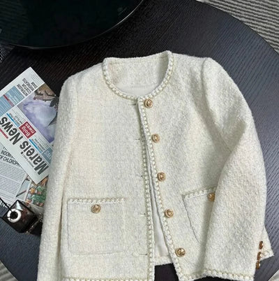 Women Vintage Jacket Autumn Winter Coat Off White Crop French Tweed