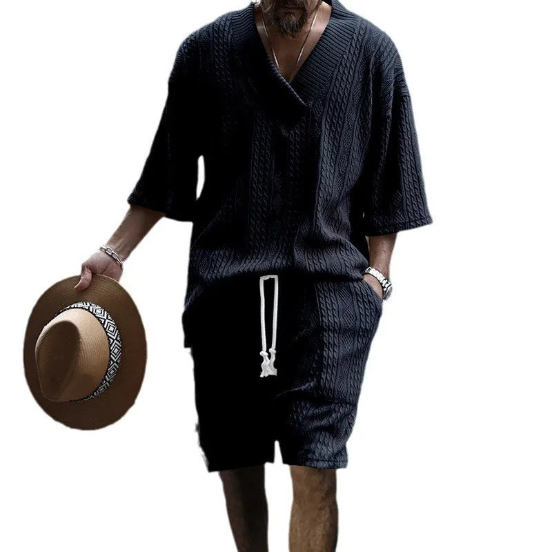 New cross-border jacquard casual suit men's summer loose short-sleeved shorts V-neck sports suit