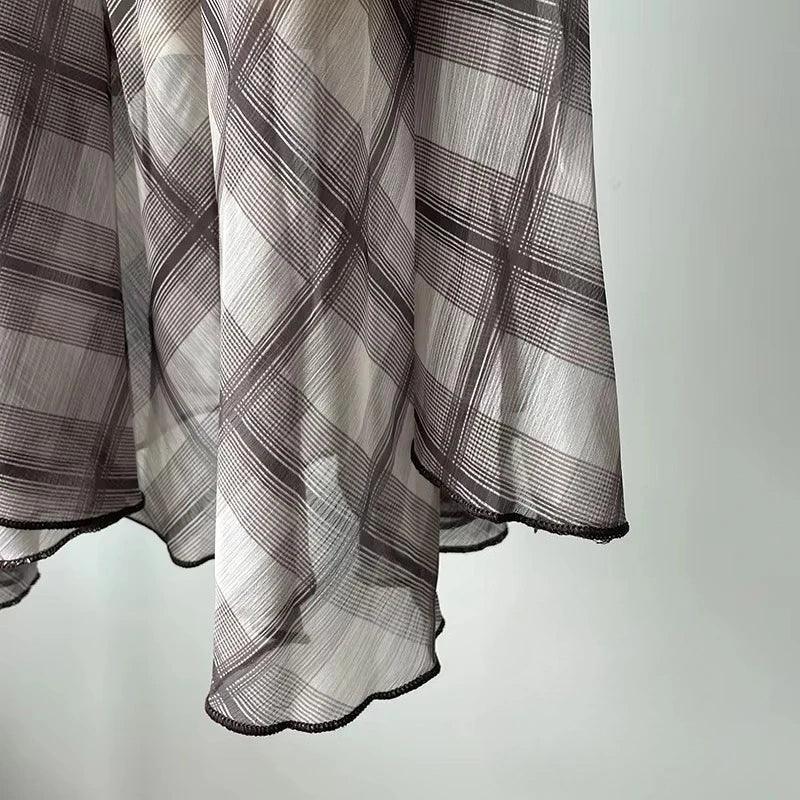 Flowing Check Midi Skirt 2025 Spring Summer New Retro Long Skirt Seaside Holiday Casual Brown Women Clothing