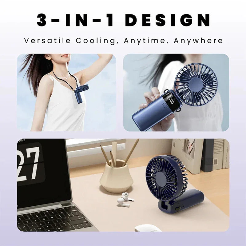Heldhand Mini Fan Foldable 1500mHA Portable Neck Hanging Fans 5 Speed USB Rechargeable Fan  with Phone Stand and Display Screen