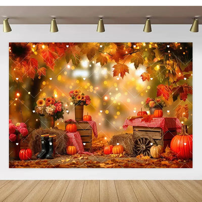 Autumn Thanksgiving Party Photo Backdrop Farm Harvest Maple Leaves Sunflowers Scarecrow Pumpkin Backdrop Poster Studio Photozone