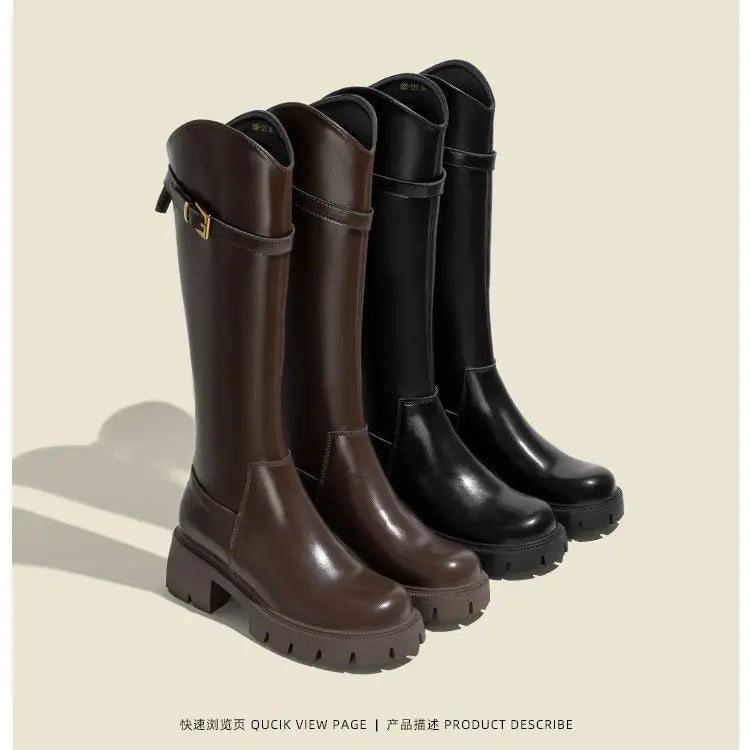 Women Knee High Boots Fashion Knight Long Booties Square High Heels Autumn Winter Warm Short Plush Shoes 2025
