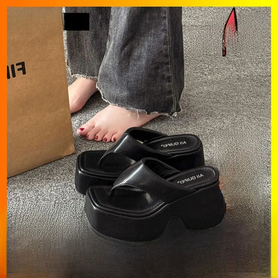 Women's Summer Outdoor Platform Sandals Flip Flops High Heel Thi Bot Clog oes Heightening Slippers Korean Sle PU Mat...