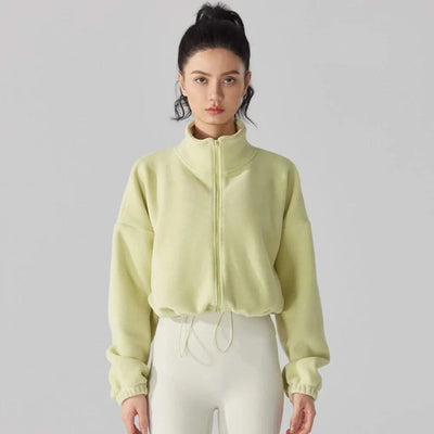 Women's Fleece Short Jacket Full Zip Stand Collar Warm Winter Sherpa Crop Coats with Drawstring Hem Gym Fitness Sports Clothing