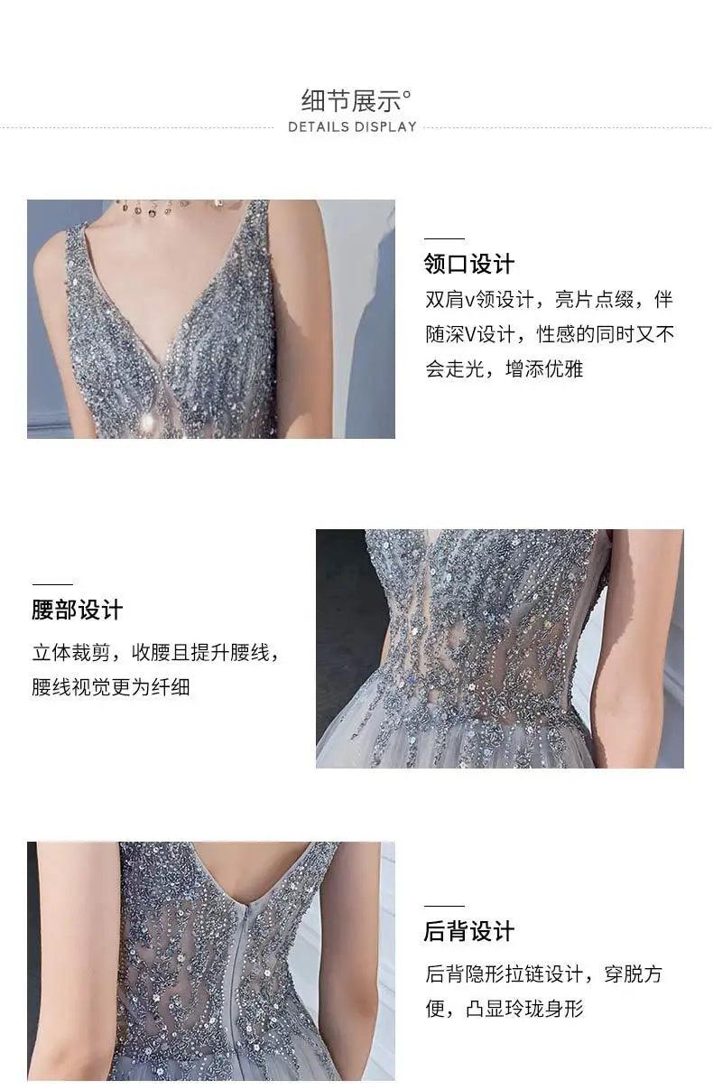Women’s evening dresses sexy v-neck luxury formal party gown backless beads sequins tulle side split banquet dress