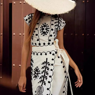 Cotton Linen Print Top Two Piece Set For Women