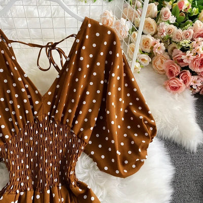 V Neck Sexy Dolman Sleeves Waist Slim Polka Dot Print Jumpsuit Women Wide Leg Trousers Jumpsuit