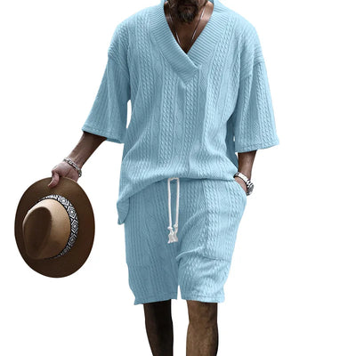New cross-border jacquard casual suit men's summer loose short-sleeved shorts V-neck sports suit