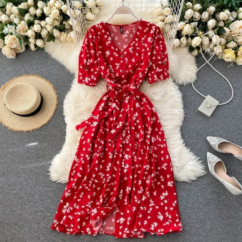 Korean Red elegant sexy Dress women Summer Autumn V-neck polka dot midi dress waist split dress vestidos de fiesta clothes