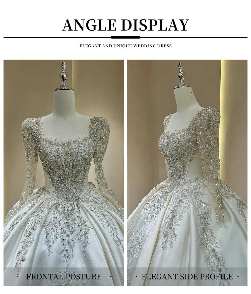 Wedding dress with sparkling embellishments and long trains delicate lace