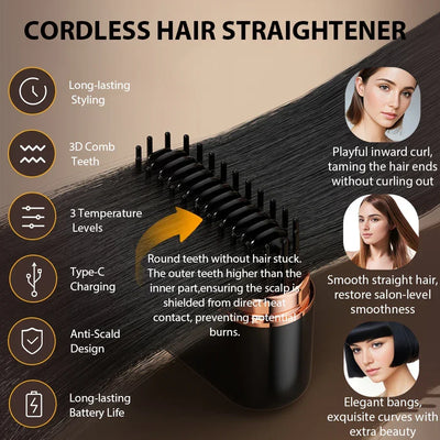 Portable Hair Straightener Brush Rechargeable Mini Smoothing Brush for Styling for Home Travel Gift Heated Electric Hair Brushes
