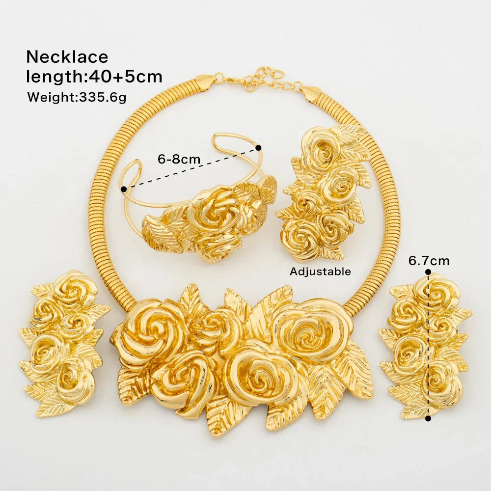 African Fashion Flower Jewelry Set for Women Luxury Gold Color Big Hig Quality Earrring Necklace Bangle Ring Bride Christmas Gif