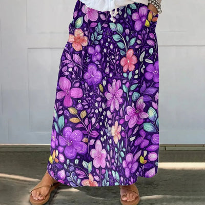 Women‘s Summer Floral Print Skirts Casual Trendy Pleated Skirts with Pockets Elastic High Waist Flowy Loose Skirts Holiday Dress