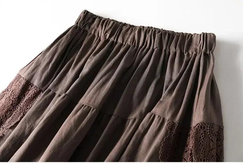 Vintage chic embroidery linen cotton long skirts women summer elastic high waist pleated maxi skirt female elegant