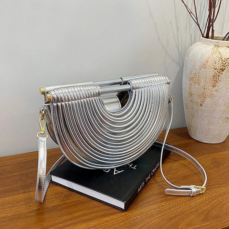 Handbags for women 2025 new gold luxury designer brand handwoven noodle bags rope knotted pulled half moon silver