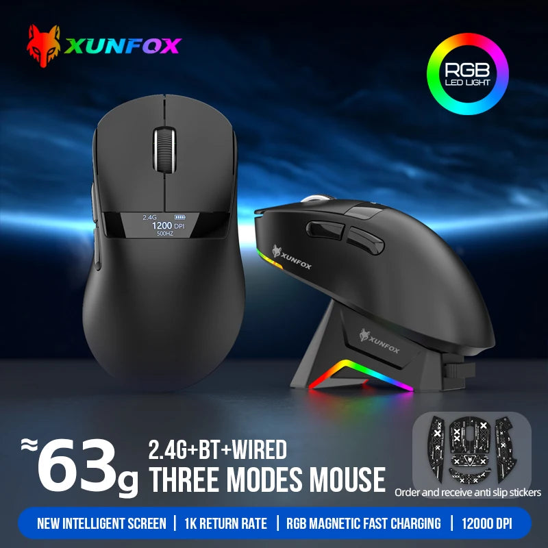 59g Superlight Wireless Gaming Mouse with Magnetic RGB Charging Dock，BT/2.4G Wireless/Wired Mouse, 22000 DPI，5 Programmable Butt
