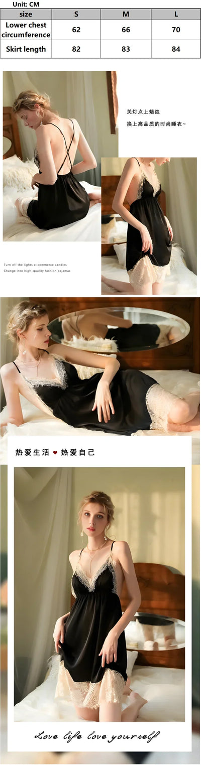 Comfortable and soft women's home wear, backless pajamas, halter dresses, lace nightgowns, French elegance