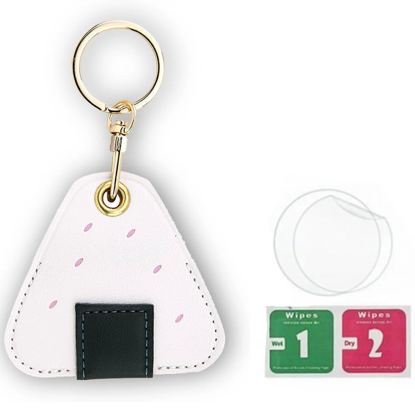 White and black strawberry keychain with gold ring and hand straps