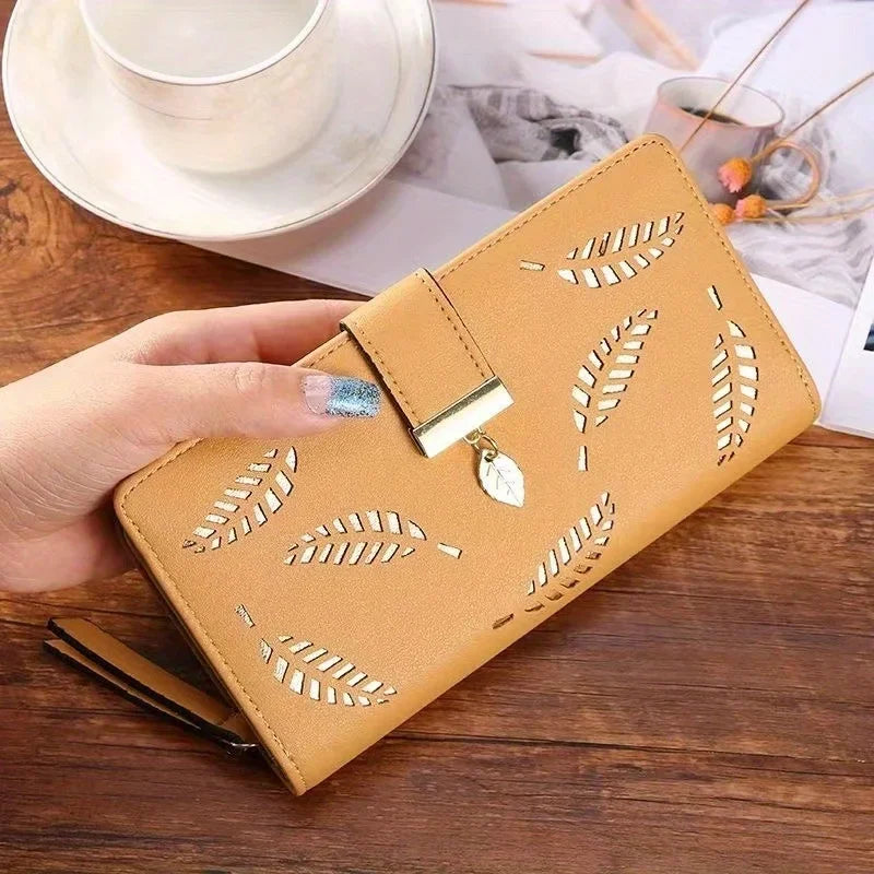 Elegant Women's Wallet With Hollowed-Out Leaf Design, Bifold Long Zippered Clutch, PU Leather Mobile Phone Bag Card Coin Purse