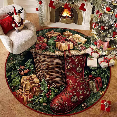 Christmas Stocking Gift Basket Carpet Mat Poinsettia Holly Rug Red Green Gold Festive Non-slip Home Decoration for Living Room