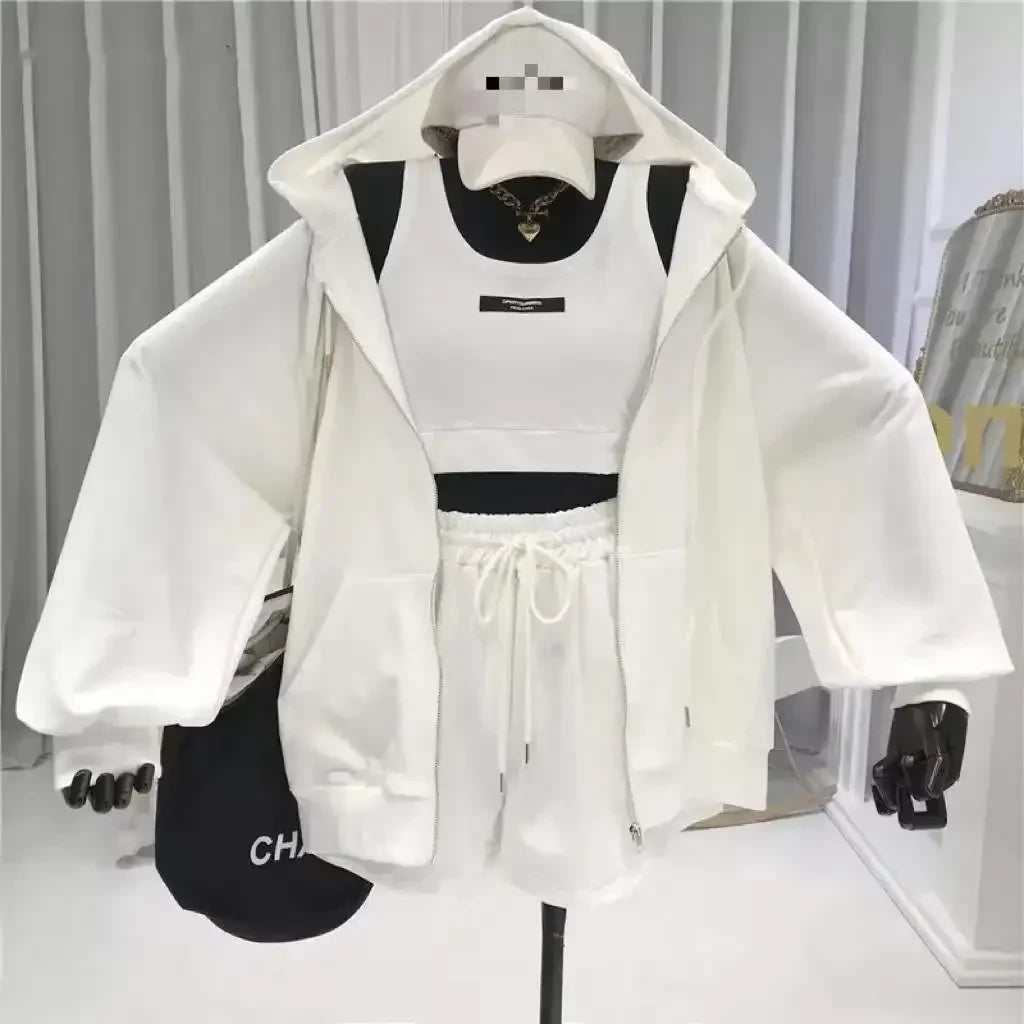 Shorts Three 3 Piece Sets Women Casual Vest Drawstring Short Hooded Zipper Jacket Sportswear Suits Y2k Streetwear Sports Hoodies