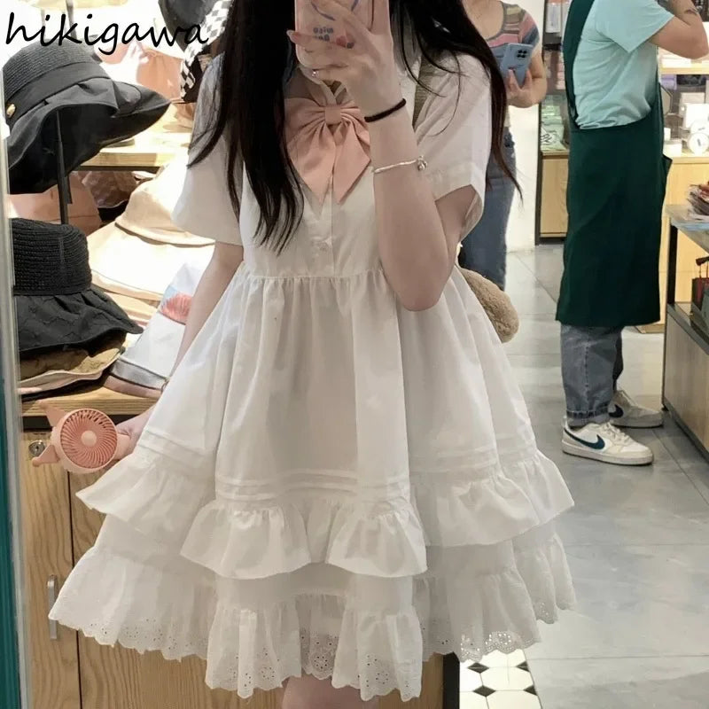 Sweet Summer Dress for Women Bow Tunic A-line Summer Robe Femme Short Sleeve Ruffles Cute Loose Dresses 2025 Vestidos De Mujer