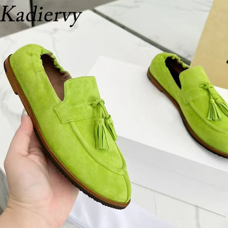 Suede Leather Loafers Woman Fringe Decor Casual Shoes Round Toe Slip-on Daily Lightweight Office & Career Flat Shoes Women