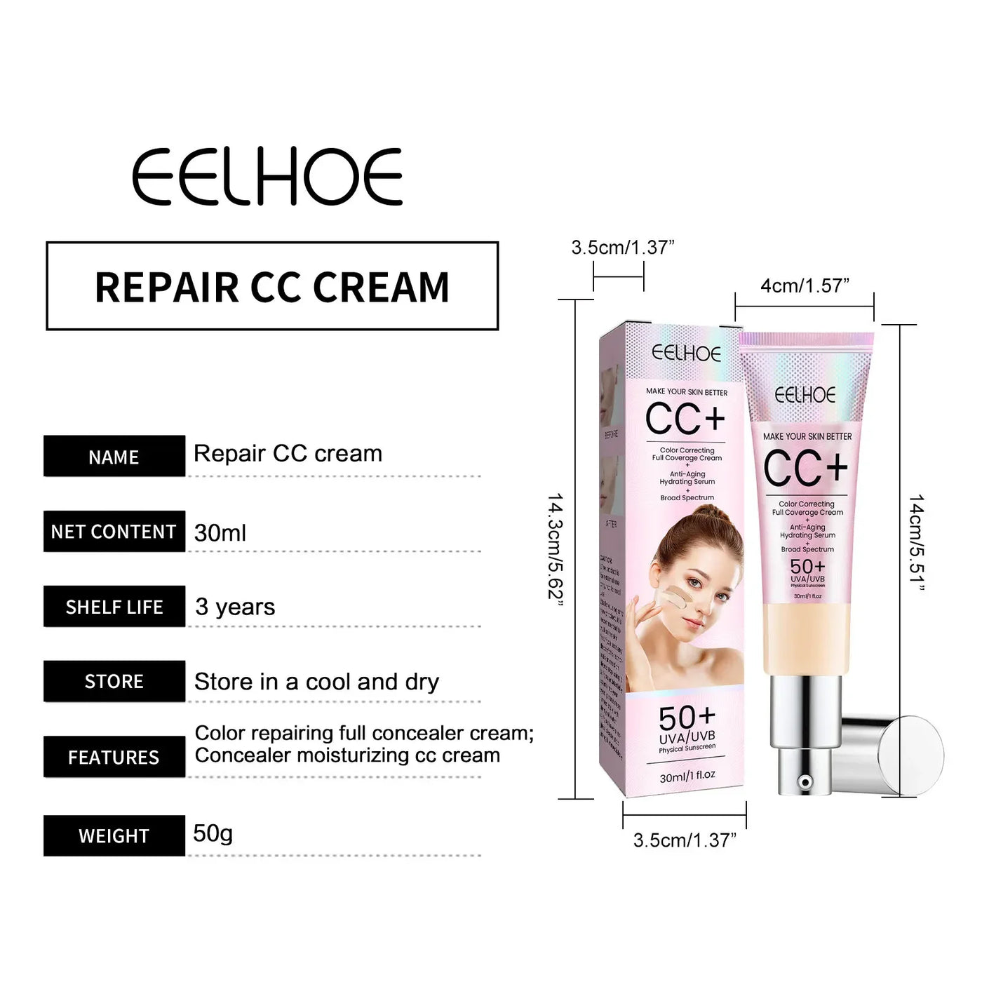 Natural Foundation Cc Cream Waterproof Brighten Moisturizing Foundation Concealer Oil-Control Sunscreen Spf 50 Makeup Cosmetics