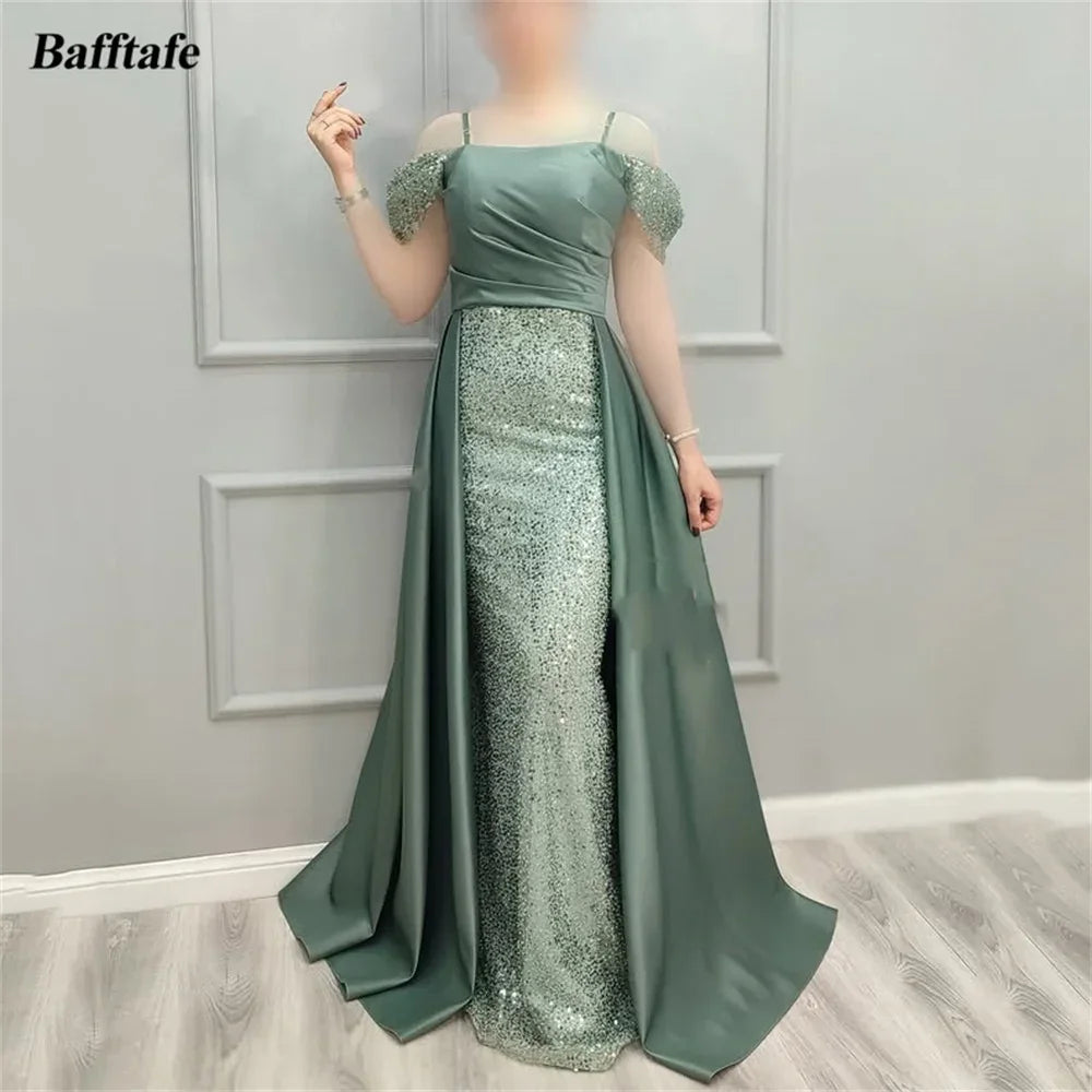 Bafftafe Shiny Sequines Satin Mermaid Evening Dresses Prom Off The Shoulder Straps Customized Women Formal Birthday Party Gowns