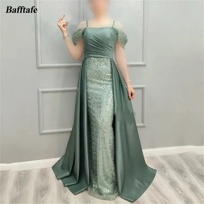 Bafftafe Shiny Sequines Satin Mermaid Evening Dresses Prom Off The Shoulder Straps Customized Women Formal Birthday Party Gowns